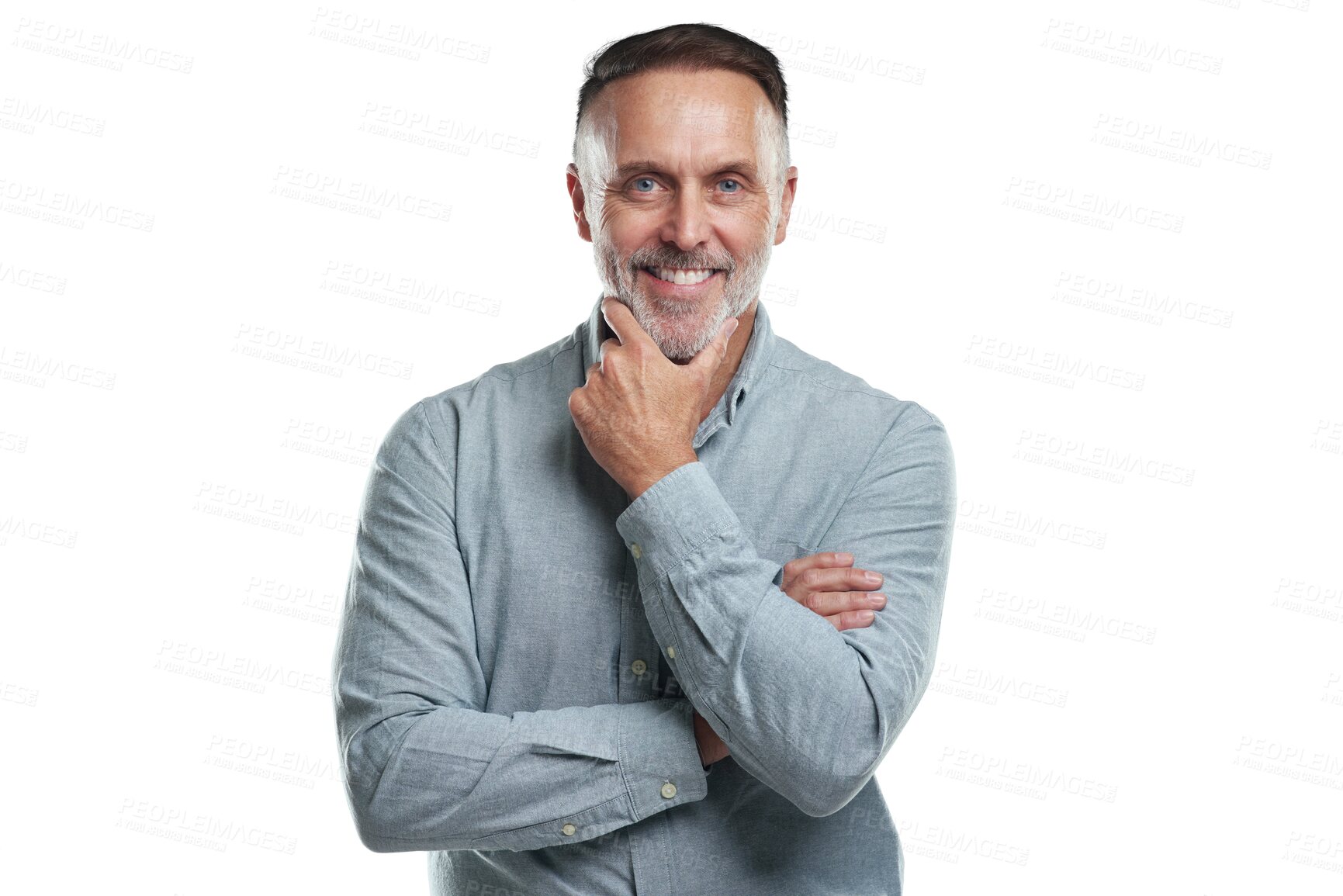 Buy stock photo Isolated mature business man, smile or portrait, thinking or happiness for professional career by transparent png background. Happy businessman, expert or executive for experience, knowledge or pride