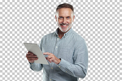 Buy stock photo Tablet, business portrait or happy man, senior management or media analyst review social network data for user trend analysis. Smile, online and elderly person isolated on transparent, png background