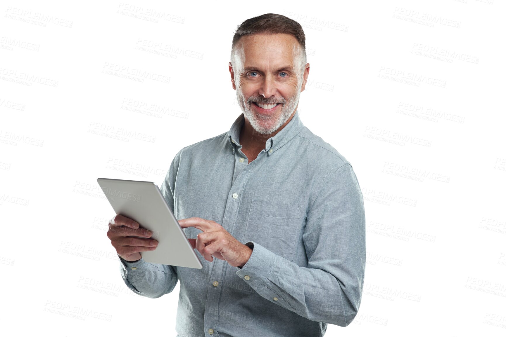 Buy stock photo Tablet, business portrait or happy man, senior management or media analyst review social network data for user trend analysis. Smile, online and elderly person isolated on transparent, png background