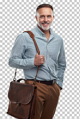 Buy stock photo Portrait, travel or happy businessman on commute journey isolated on transparent png background. Face, confident mature entrepreneur or senior accountant with pride, smile or bag ready for work 