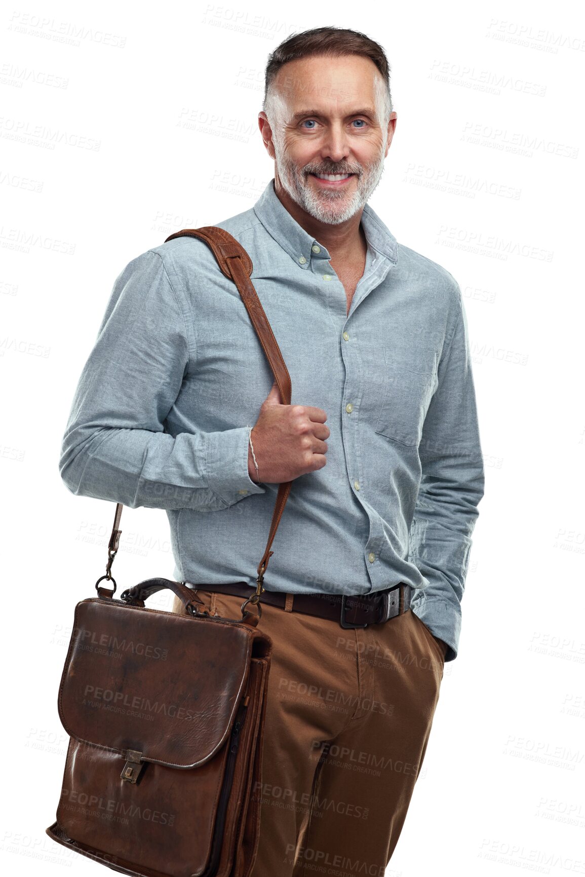 Buy stock photo Portrait, travel or happy businessman on commute journey isolated on transparent png background. Face, confident mature entrepreneur or senior accountant with pride, smile or bag ready for work 