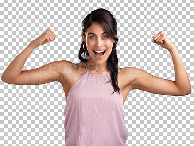 Buy stock photo Isolated woman, flex celebration and portrait with smile, win and excited face by transparent png background. Girl, model and happy winner with success, fashion and strong with bonus, profit or prize