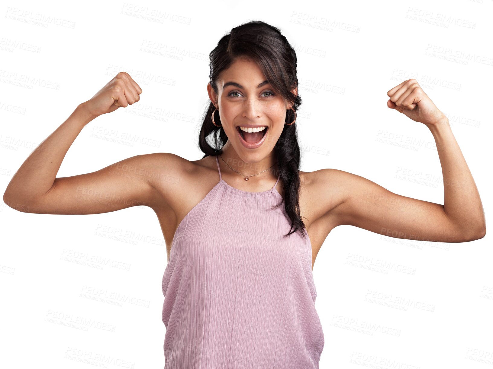 Buy stock photo Isolated woman, flex celebration and portrait with smile, win and excited face by transparent png background. Girl, model and happy winner with success, fashion and strong with bonus, profit or prize