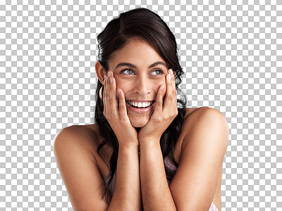 Buy stock photo Face, happiness and woman surprise, smile and react to wow news, achievement or winner success announcement. Giveaway win, facial expression and excited person isolated on transparent, png background