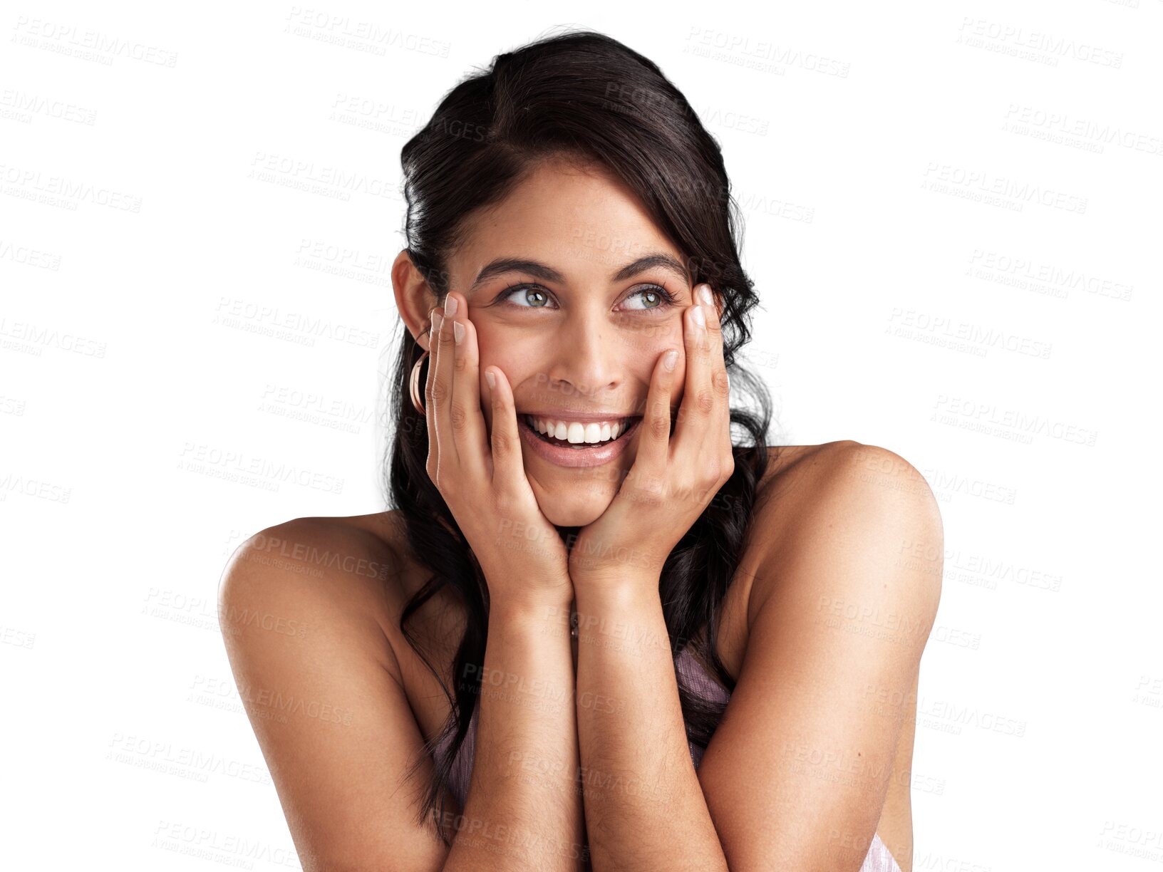 Buy stock photo Face, happiness and woman surprise, smile and react to wow news, achievement or winner success announcement. Giveaway win, facial expression and excited person isolated on transparent, png background