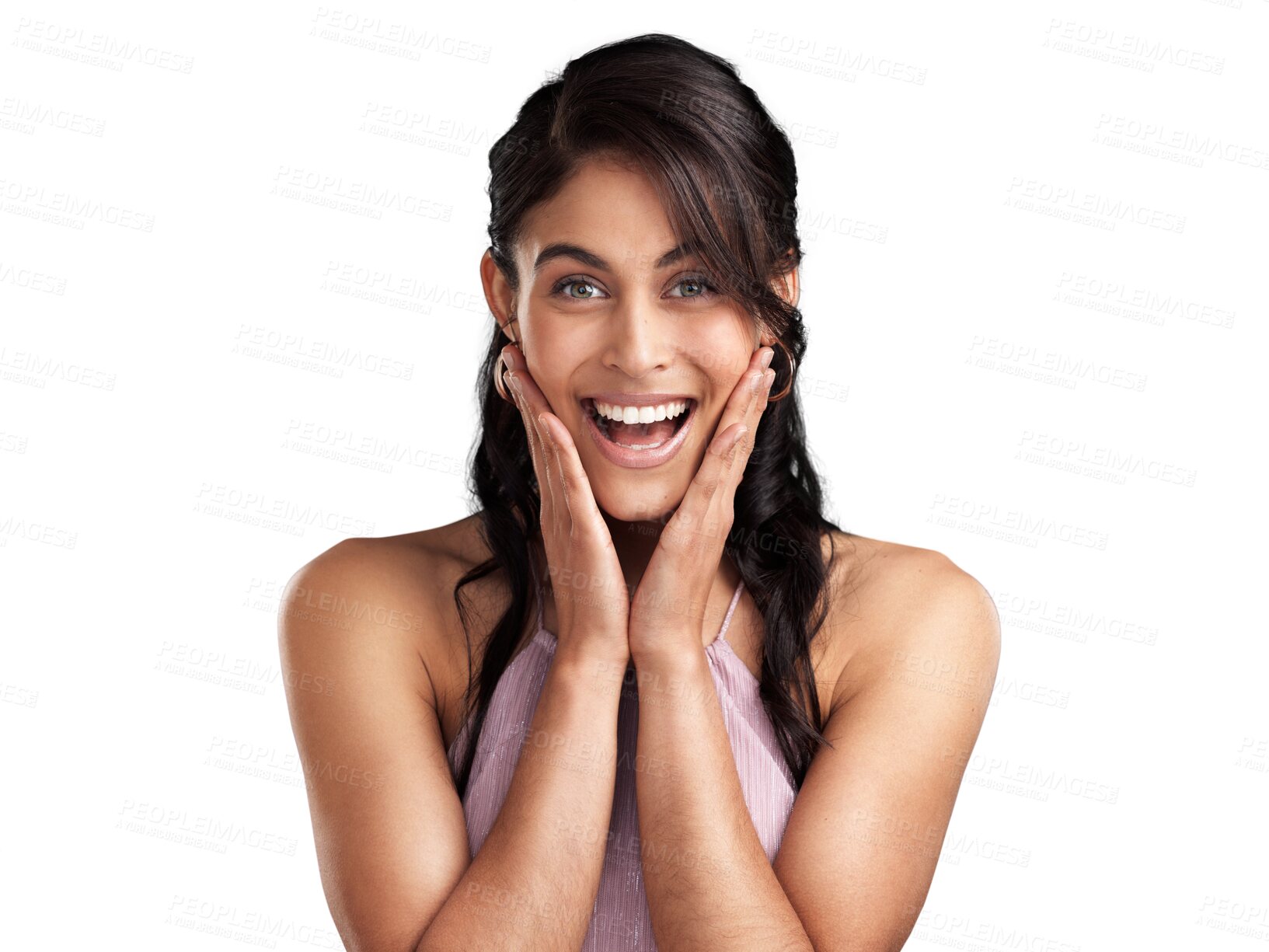 Buy stock photo Face, portrait and happy woman surprise, excited or cheers for wow news, notification or winner announcement. Winning giveaway competition, celebrate or person isolated on transparent, png background