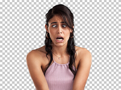 Buy stock photo Stress, shame or sad woman with anxiety, funny face or grief isolated on transparent png background. Despair, confused or worried girl frustrated with depression, debt problem or financial crisis  