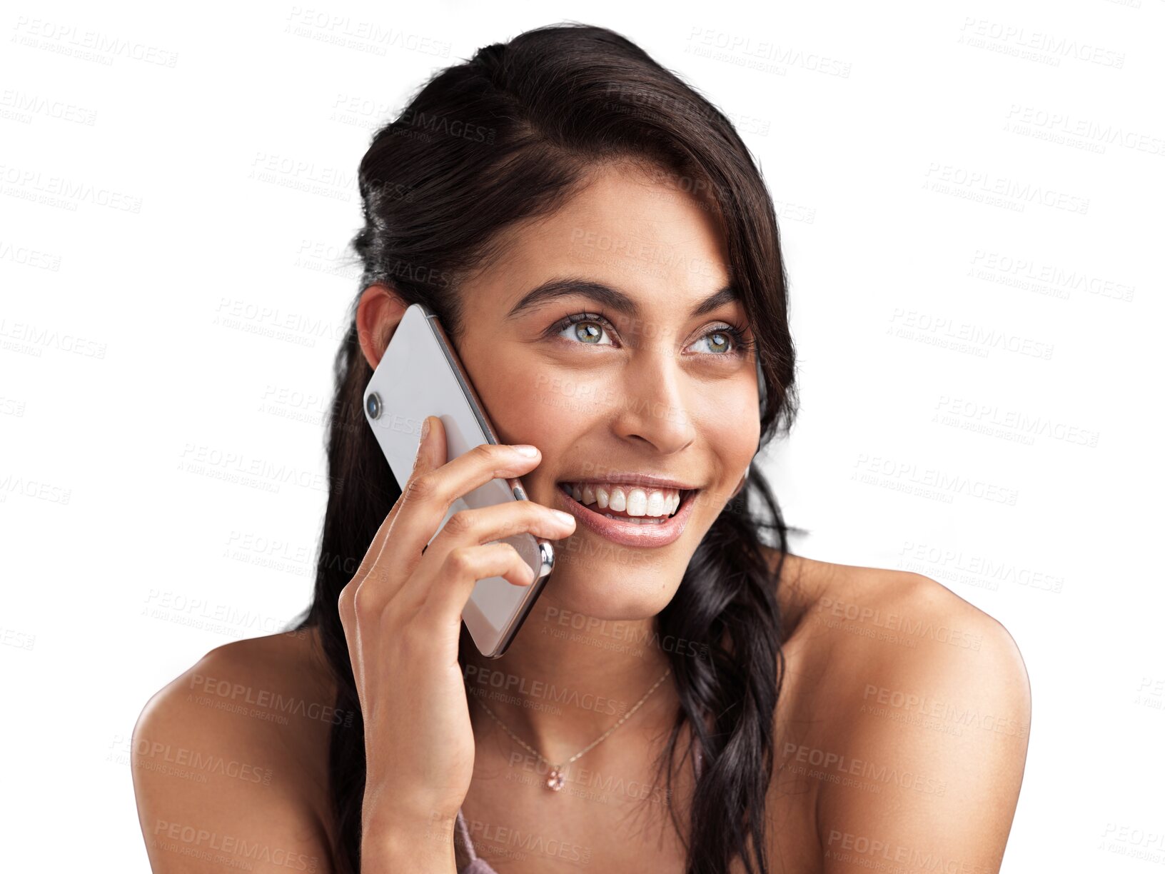 Buy stock photo Cellphone call, face and happy woman speaking, talking and chat on smartphone communication, discussion or conversation. Talk, phone connection or person smile isolated on transparent, png background