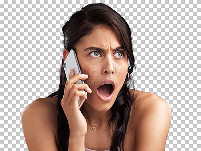 Buy stock photo Face, phone call and woman surprise, shocked and gasp over gossip chat, news or shock announcement. WTF, OMG facial expression and person listening to story isolated on transparent, png background