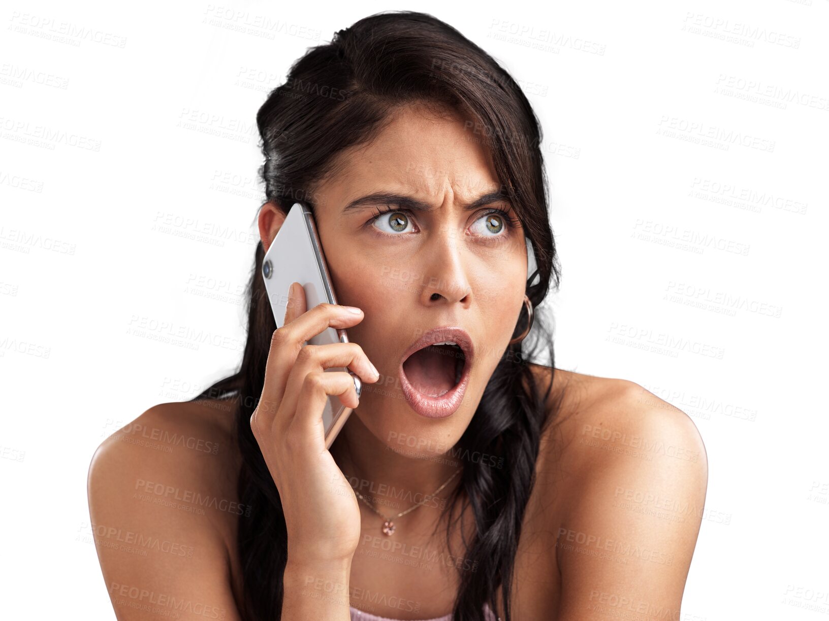 Buy stock photo Face, phone call and woman surprise, shocked and gasp over gossip chat, news or shock announcement. WTF, OMG facial expression and person listening to story isolated on transparent, png background