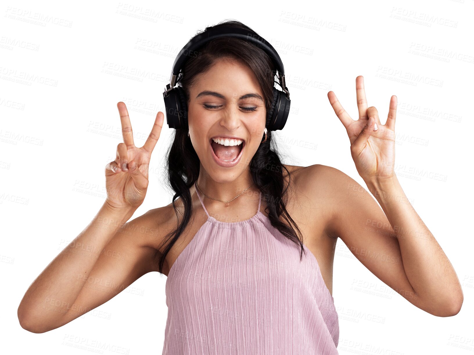 Buy stock photo Isolated woman, headphones and music with peace sign, audio streaming or listen by transparent png background. Girl, young model or student for radio, sound or excited face with emoji, smile or happy