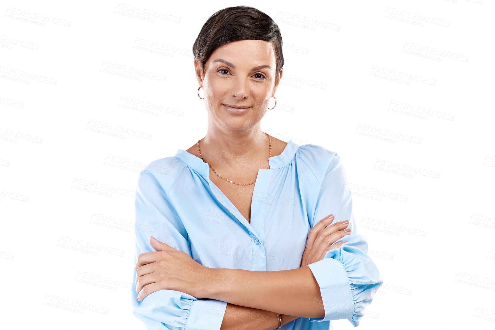 Buy stock photo Isolated woman, arms crossed and portrait with smile, confidence and fashion by transparent png background. Confident model, happy lady and pride with modern clothes, jewellery and trendy style