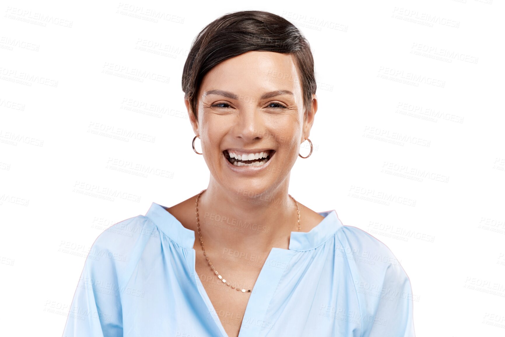 Buy stock photo Portrait, fashion and funny with a woman in a shirt isolated on transparent background for trendy style. Face, humor and comedy with a young female person laughing in a fashionable outfit on PNG