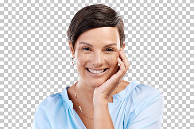 Buy stock photo Portrait, fashion and smile with a trendy woman isolated on transparent background for style. Face, happy and shirt with a confident young female person in a fashionable or trendy outfit on PNG