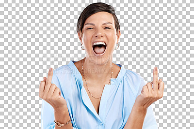 Buy stock photo Rude, middle finger or portrait of happy woman with crazy smile isolated on transparent png background. Face, punk rebel or girl with a hand gesture for message, attitude and expression, personality