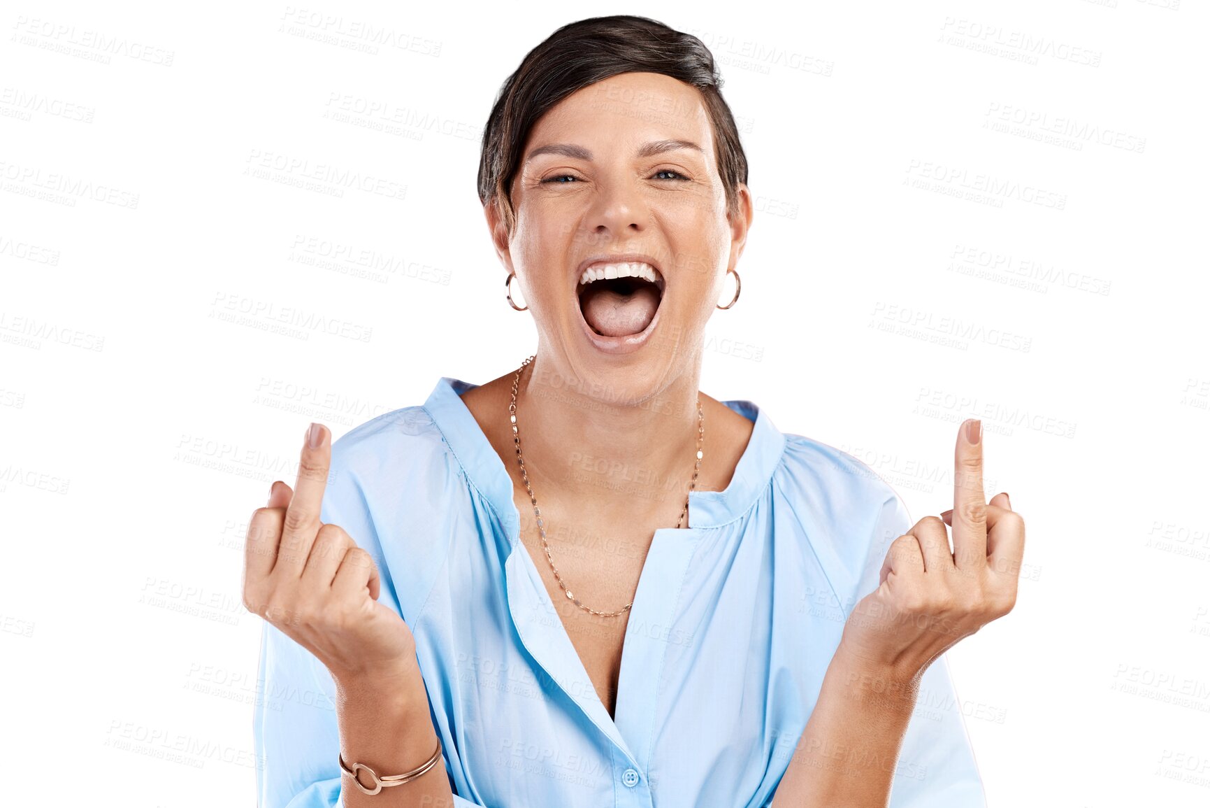 Buy stock photo Rude, middle finger or portrait of happy woman with crazy smile isolated on transparent png background. Face, punk rebel or girl with a hand gesture for message, attitude and expression, personality