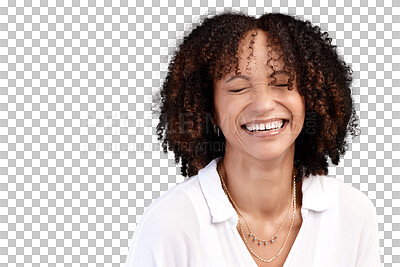 Buy stock photo Face, happy and young woman laugh at funny joke, comedy humour and having crazy fun, playful and cheerful. Comic, happiness and female person laughing at meme isolated on transparent, png background