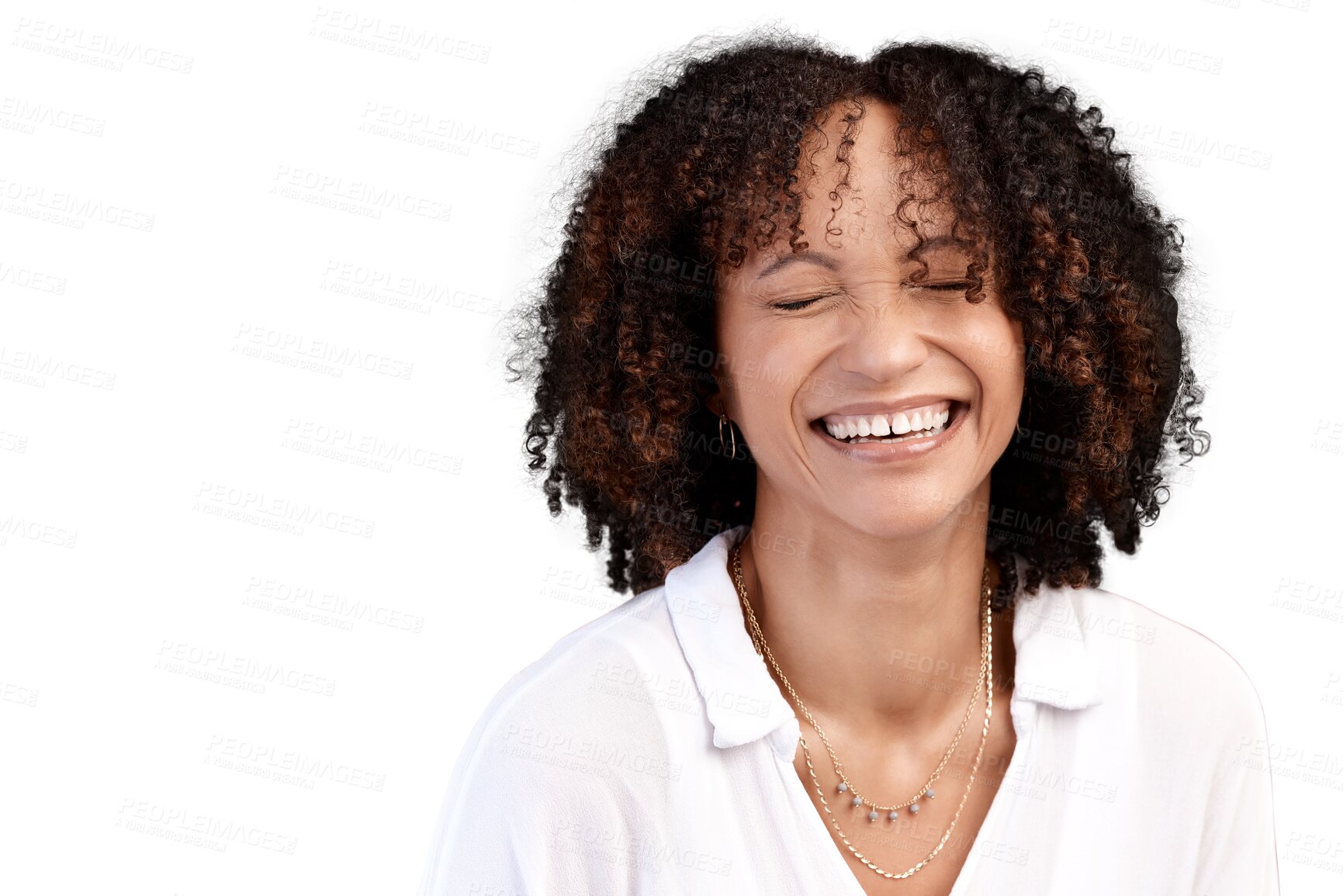 Buy stock photo Face, happy and young woman laugh at funny joke, comedy humour and having crazy fun, playful and cheerful. Comic, happiness and female person laughing at meme isolated on transparent, png background