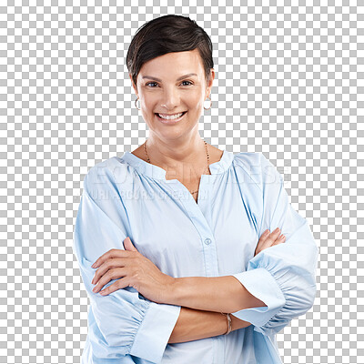 Buy stock photo Portrait, fashion and arms crossed with a woman in a shirt isolated on transparent background for trendy style. Face, happy or smile with a young female person in a fashionable clothes outfit on PNG