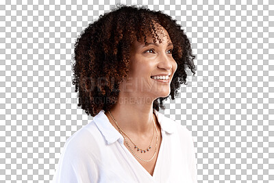 Buy stock photo Thinking, happy and face of woman planning ideas, brainstorming solution or decision for problem solving. Inspiration vision, happiness or person think of plan isolated on transparent, png background