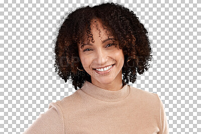 Buy stock photo Portrait, fashion and hair with an african woman isolated on a transparent background for trendy style. Face, afro and clothes with an attractive young female model in fashionable clothes on PNG