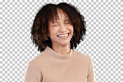 Buy stock photo Face, happiness and African woman laugh at funny joke, comedy humor and having crazy fun, playful and cheerful. Comic, smile and goofy person laughing at meme isolated on transparent, png background