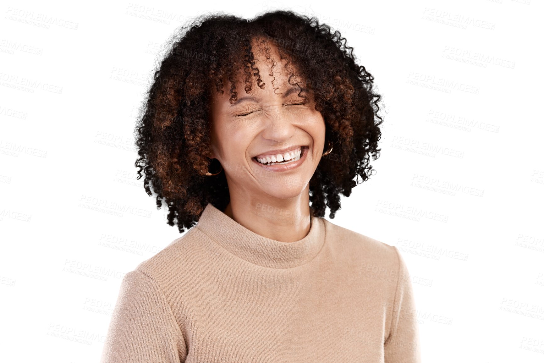 Buy stock photo Face, happiness and African woman laugh at funny joke, comedy humor and having crazy fun, playful and cheerful. Comic, smile and goofy person laughing at meme isolated on transparent, png background