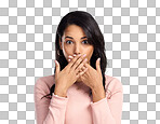 PNG  of a beautiful young woman looking surprised while standing against a grey background