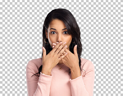 Buy stock photo Portrait, wow and surprise with a mind blown woman isolated on a transparent background in shock. News, announcement or reaction to gossip with a young female looking surprised at information on PNG