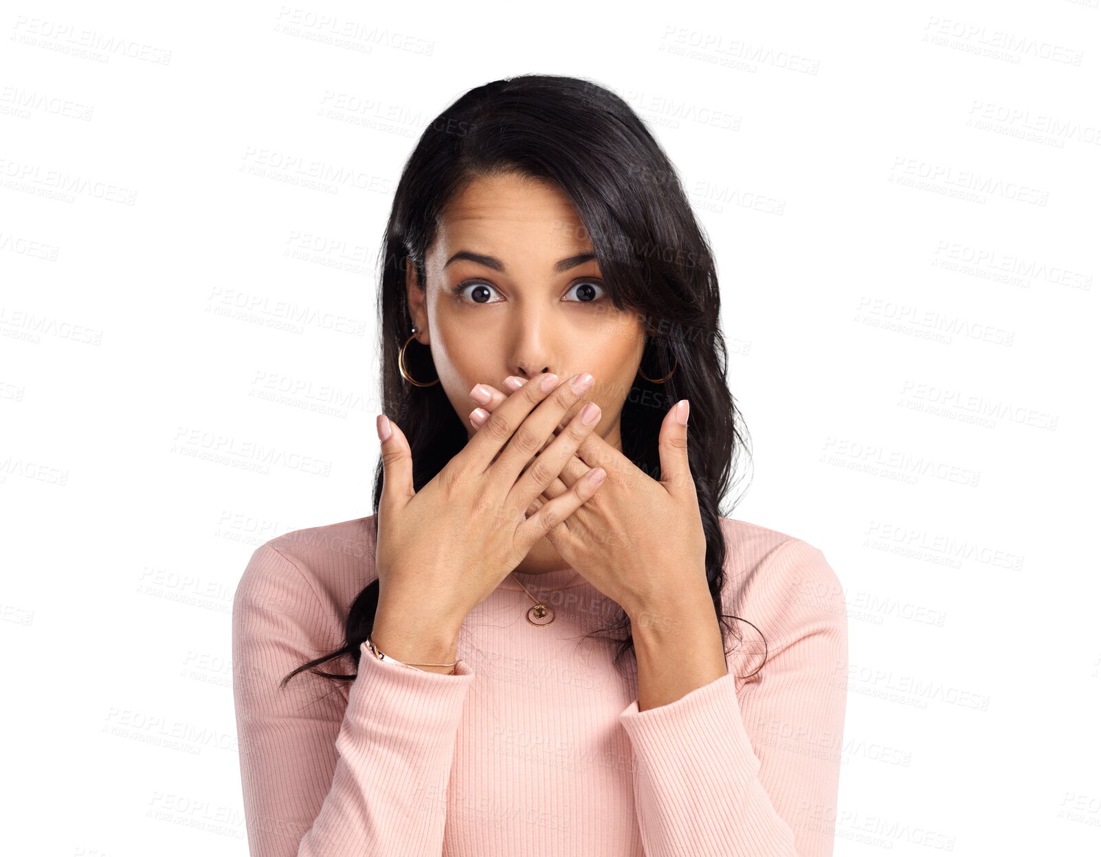 Buy stock photo Portrait, wow and surprise with a mind blown woman isolated on a transparent background in shock. News, announcement or reaction to gossip with a young female looking surprised at information on PNG