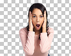 PNG of a beautiful young woman looking shocked while standing against a grey background