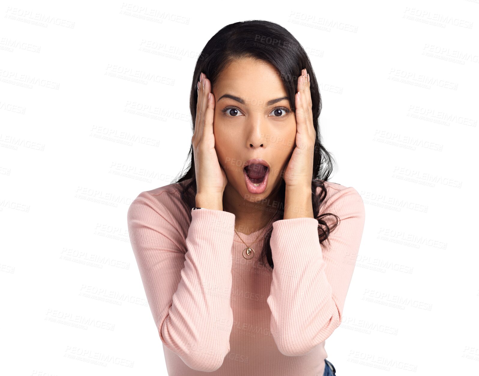 Buy stock photo Portrait, wow and shock with a mind blown woman isolated on a transparent background in surprise. News, announcement or omg reaction to gossip with a young female looking surprised at a sale on PNG