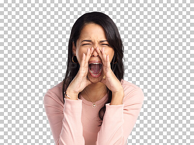 Buy stock photo Angry woman, shout and calling with hand over mouth for help, communication or voice. Young latino female person with gesture for loud sound for danger alert isolated on a transparent, png background