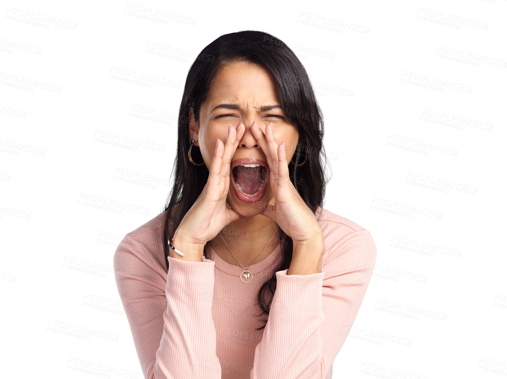 Buy stock photo Angry woman, shout and calling with hand over mouth for help, communication or voice. Young latino female person with gesture for loud sound for danger alert isolated on a transparent, png background