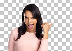 PNG of a beautiful young woman pointing at copy space