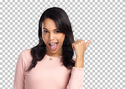 Buy stock photo Isolated young woman, thumbs up and portrait for agreement, review or happy by transparent png background. Girl, student or model with point, excited face and fashion with promotion, choice or vote