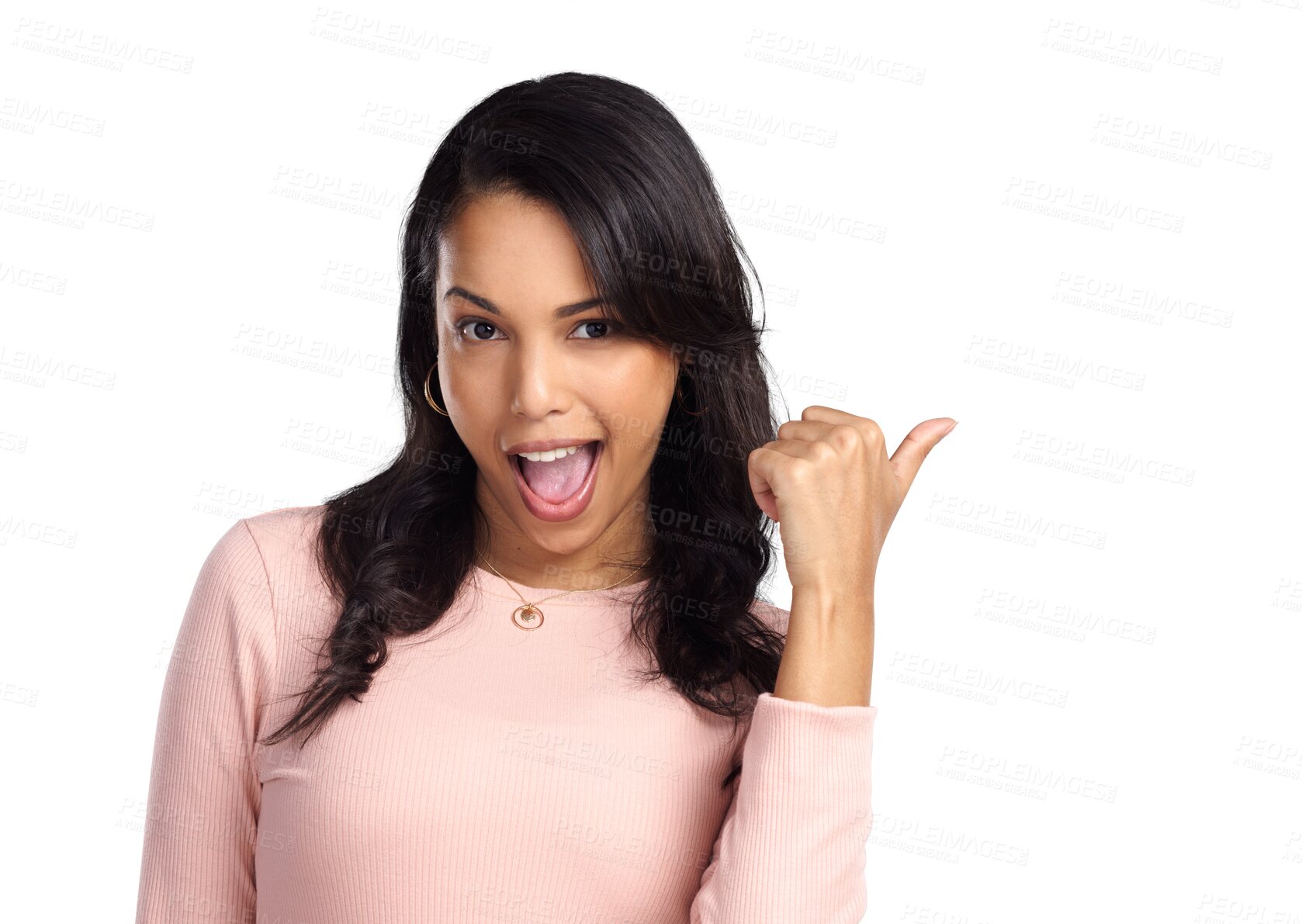 Buy stock photo Isolated young woman, thumbs up and portrait for agreement, review or happy by transparent png background. Girl, student or model with point, excited face and fashion with promotion, choice or vote