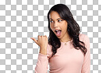 PNG of a beautiful young woman pointing at copy space