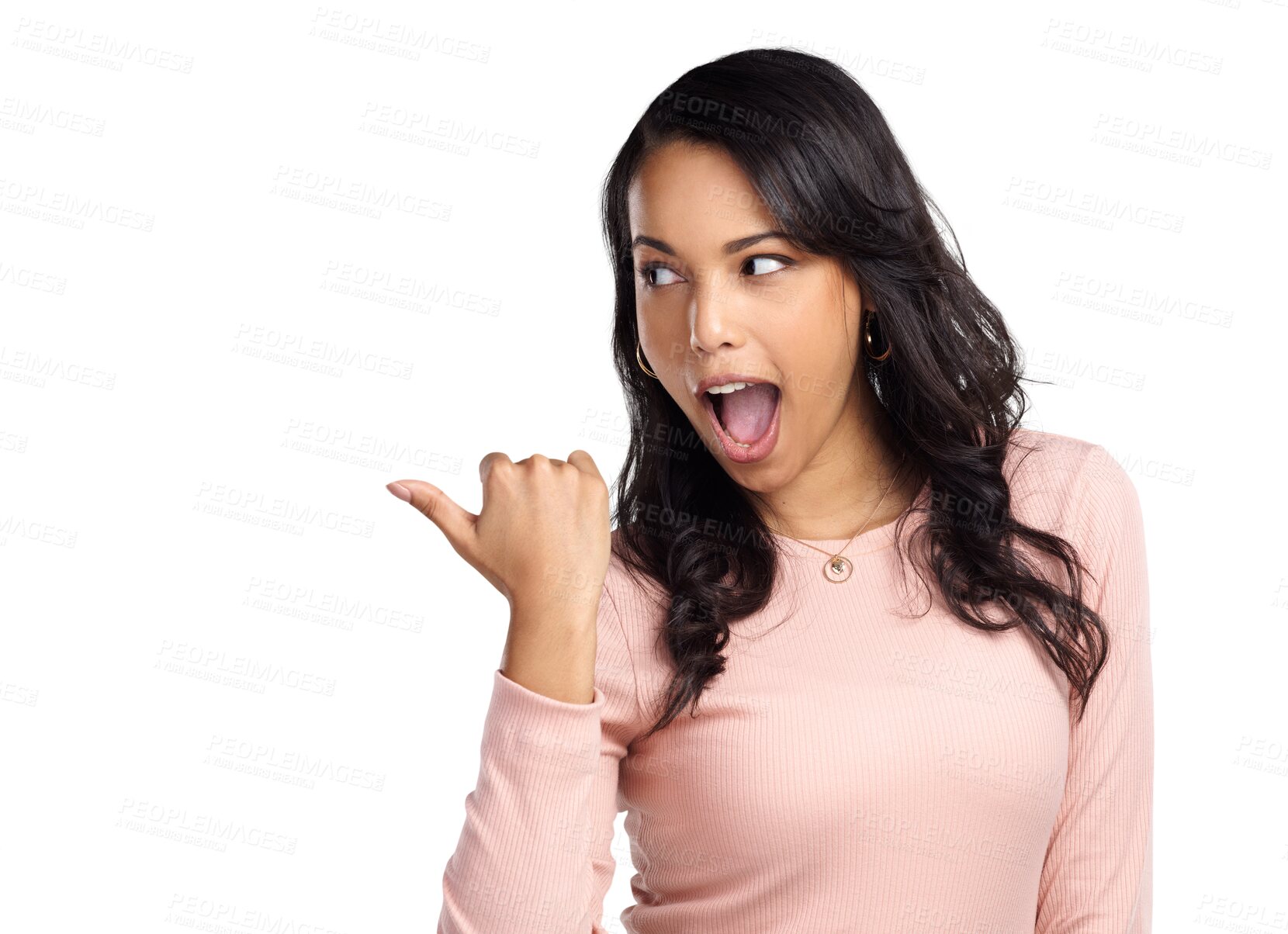 Buy stock photo Isolated young woman, thumbs up and point for agreement, review or happy by transparent png background. Girl, student or model with pointing, excited face and fashion with promotion, choice and vote