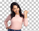 PNG of a beautiful young woman pointing at copy space