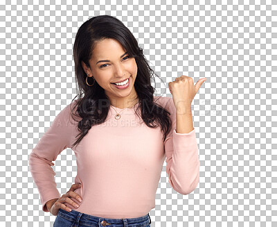 Buy stock photo Isolated woman, thumbs up and point in portrait for agreement, review or happy by transparent png background. Girl, student or model with pointing, excited face or fashion with promo, choice and vote