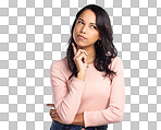 PNG of a beautiful young woman looking thoughtful while standing against a grey background