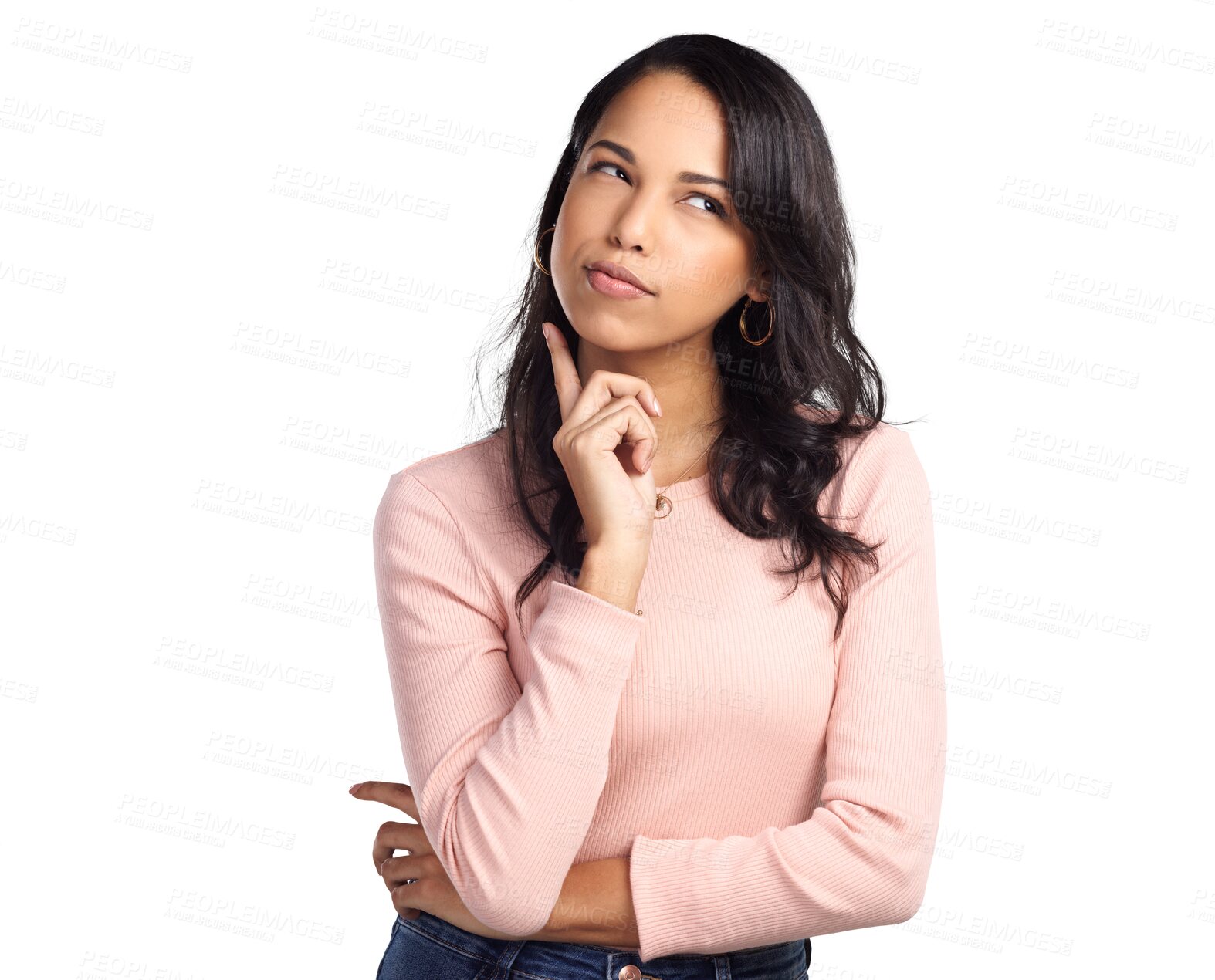 Buy stock photo Isolated young woman, thinking and memory with ideas, vision and focus by transparent png background. Girl, model or student with mindset, remember or wonder in fashion for decision, choice or dream