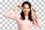 PNG of a beautiful young woman wearing headphones while standing against a grey background