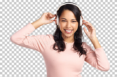 Buy stock photo Isolated young woman, headphones and portrait with smile, listening and happy music by transparent png background. Girl, model or student with podcast, audio streaming and sound tech with happiness