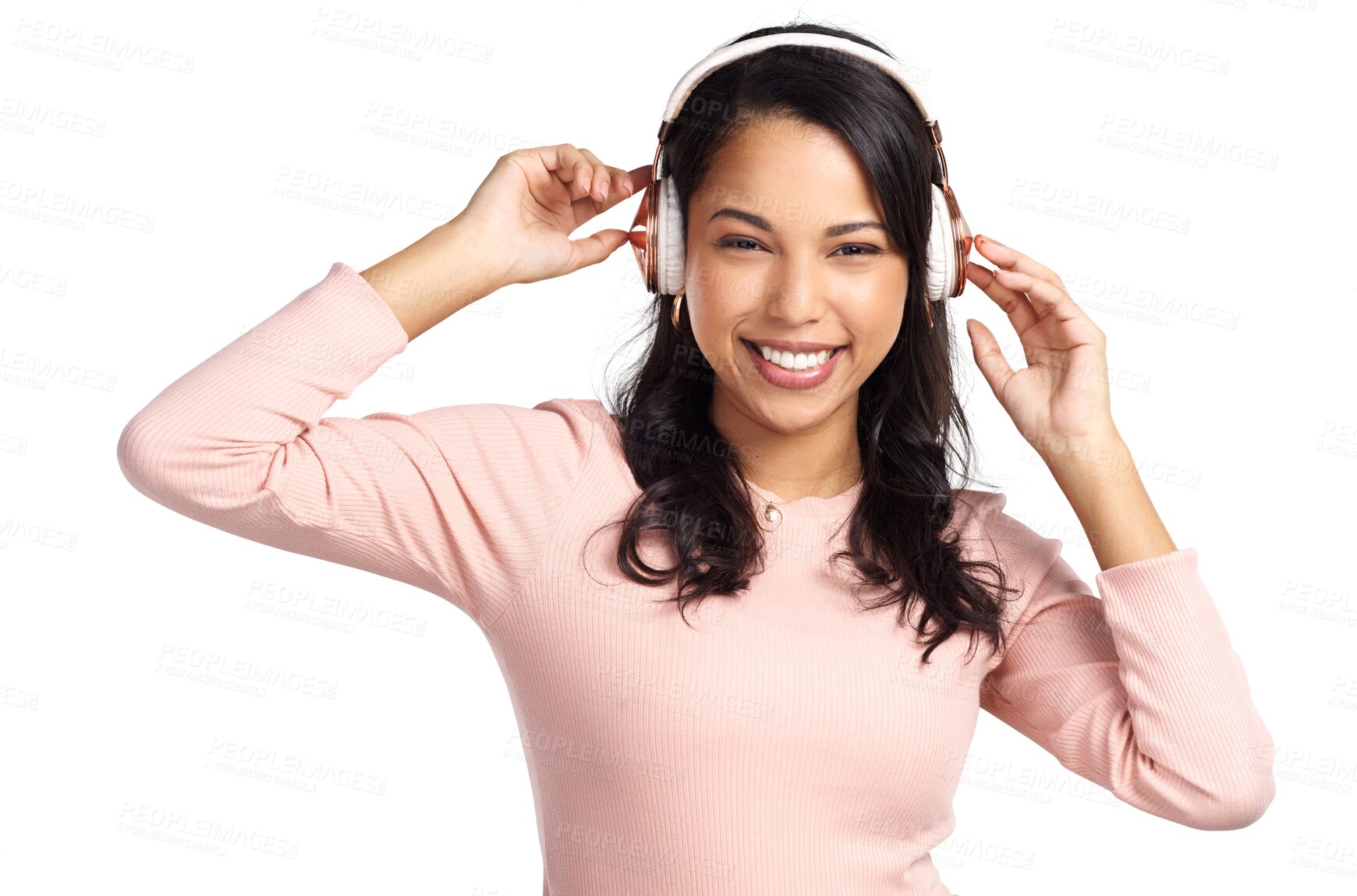 Buy stock photo Isolated young woman, headphones and portrait with smile, listening and happy music by transparent png background. Girl, model or student with podcast, audio streaming and sound tech with happiness