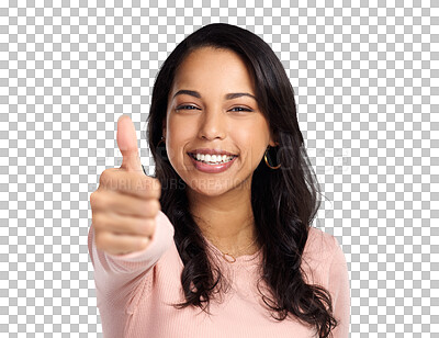 Buy stock photo Smile, thumbs up and face portrait of a happy woman for support, thank you or yes. Female latino model person isolated on a transparent, png background with positive hand sign or like emoji as review