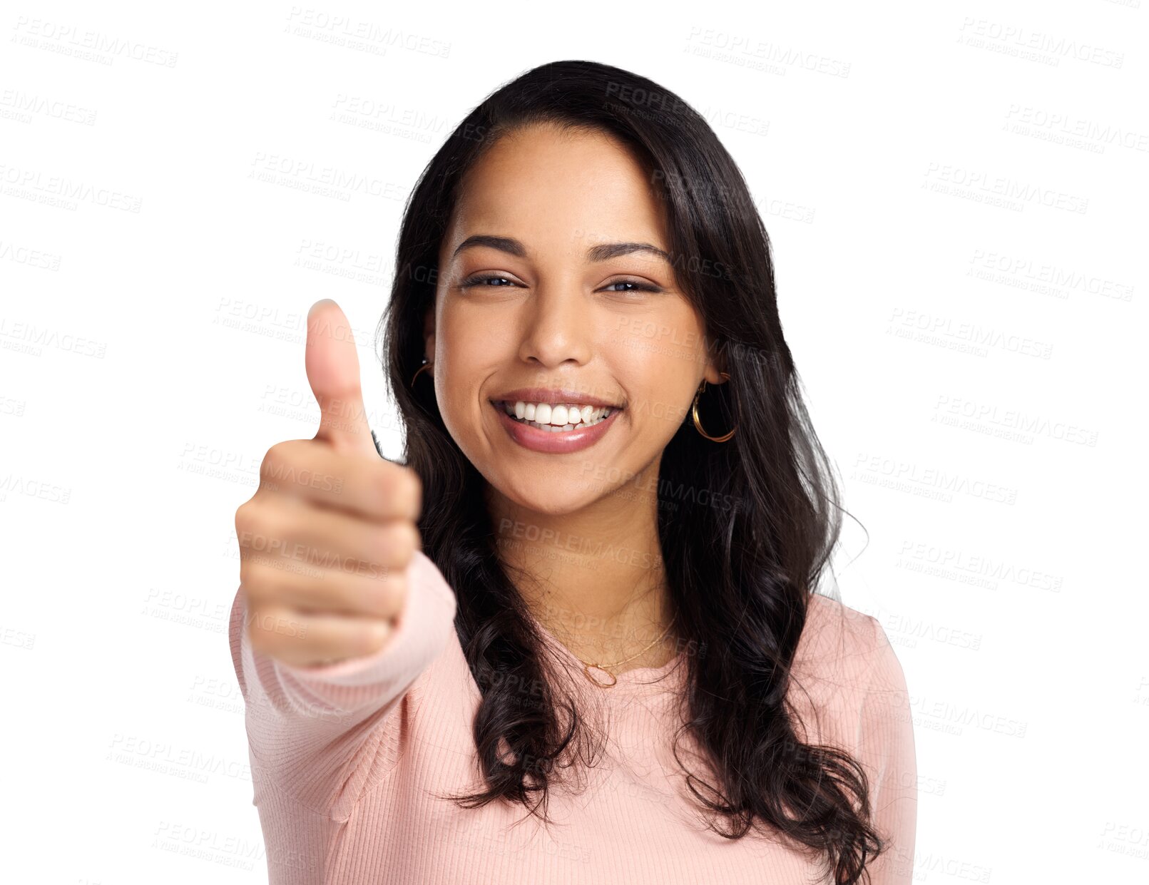 Buy stock photo Smile, thumbs up and face portrait of a happy woman for support, thank you or yes. Female latino model person isolated on a transparent, png background with positive hand sign or like emoji as review