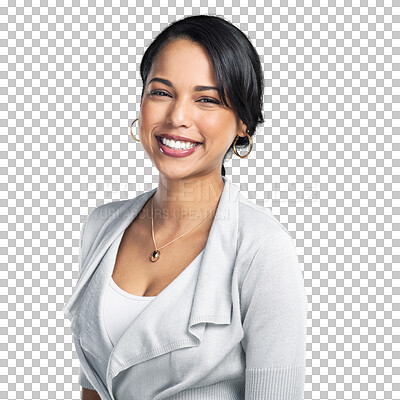 Buy stock photo Portrait, business and woman with a smile, career and employee isolated against a transparent background. Face, female person or entrepreneur with happiness, professional or positive mindset with png