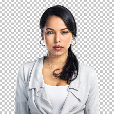 Buy stock photo Business woman, serious face and portrait of a professional person with focus and commitment. Female model person isolated on a transparent, png background with corporate fashion and strong mindset